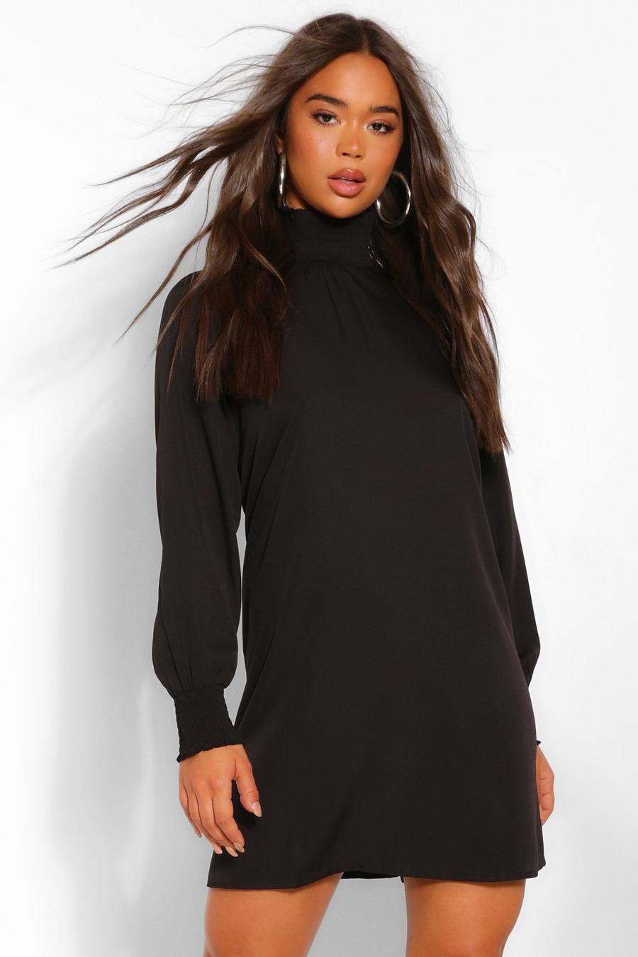 Black Shirred Neck & Sleeve Smock Dress image number 1