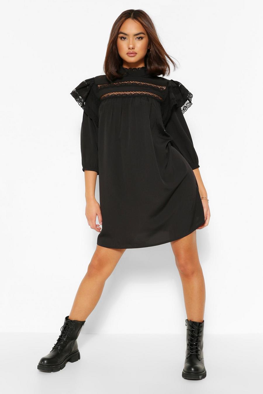Black Lace Trim Layered Sleeve Smock Dress image number 1