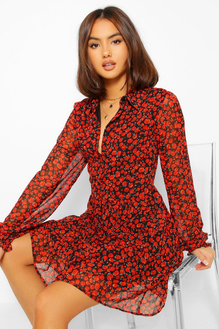 Red Woven Floral Print Shirt Dress image number 1