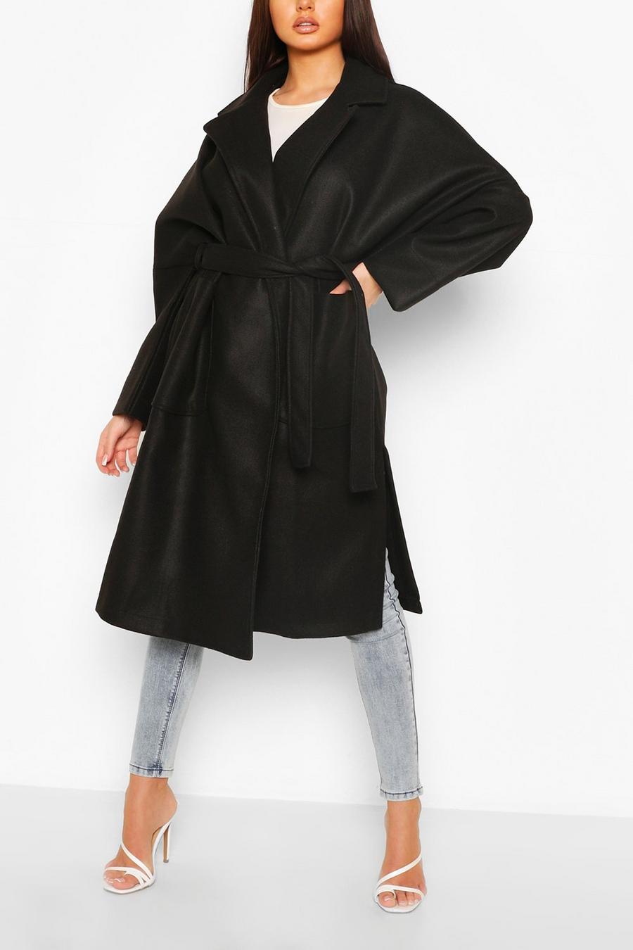 Zwart Oversized jas met wollook en riem image number 1