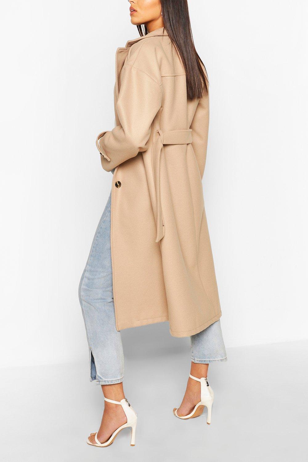 Boohoo belted wool look hot sale trench coat in black