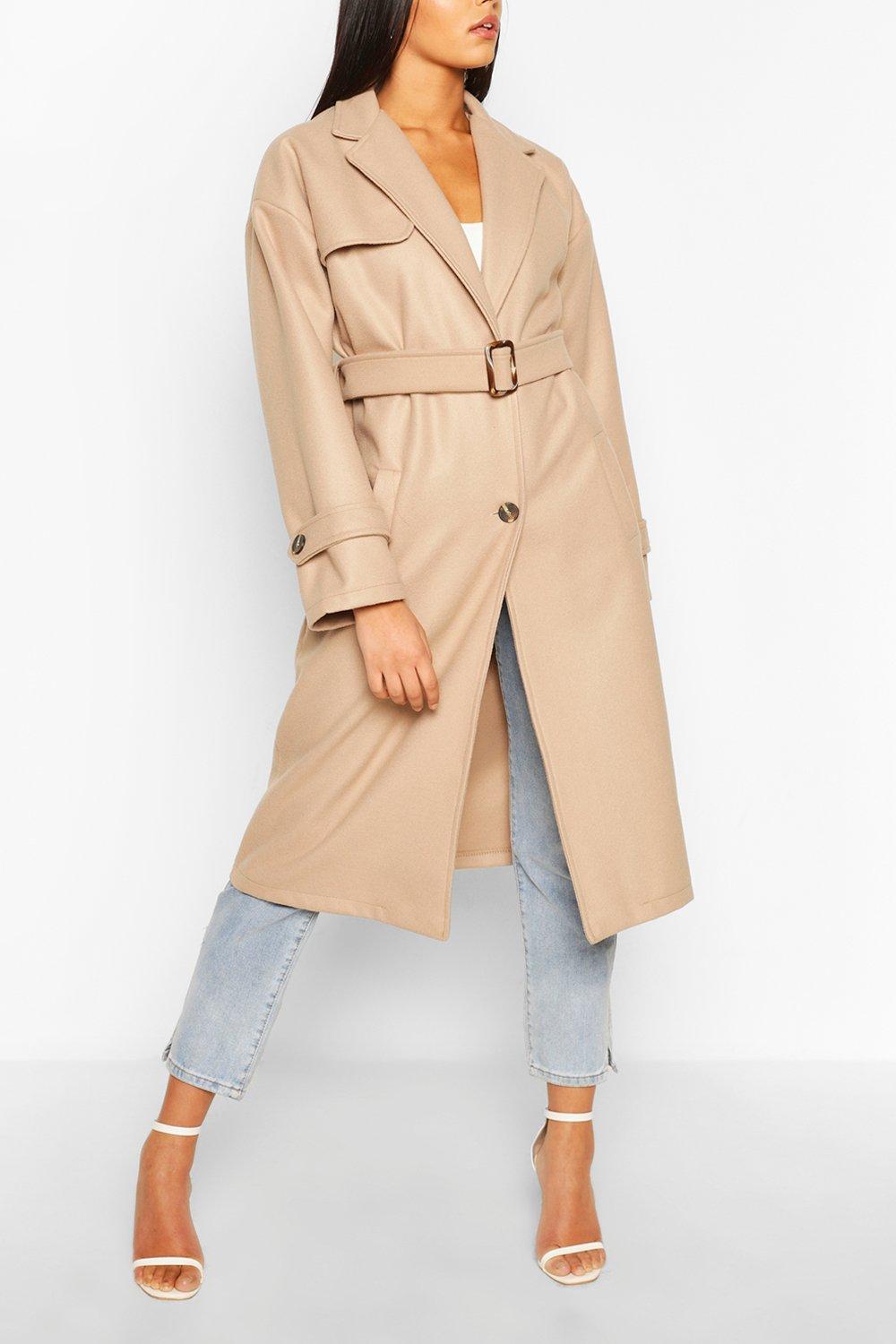 boohoo belted wool look trench