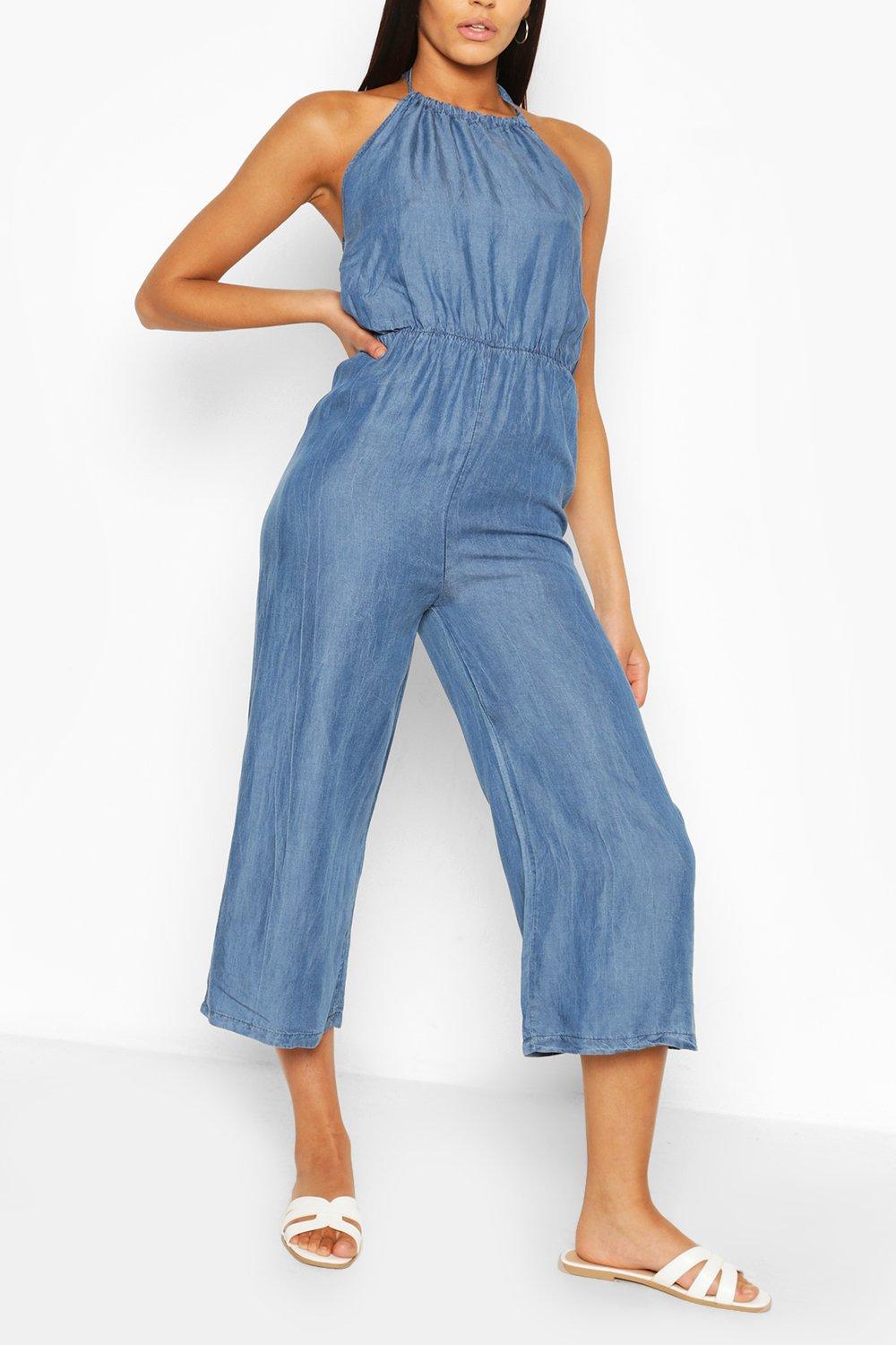 denim halter neck jumpsuit