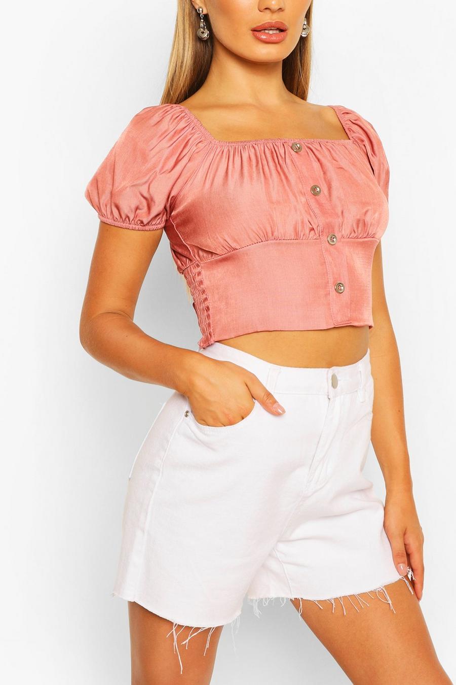 Pink Chambray Shirring Puff Sleeve Top image number 1