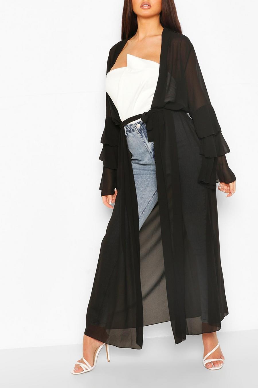 Black Tiered Sleeve Maxi Belted Kimono image number 1