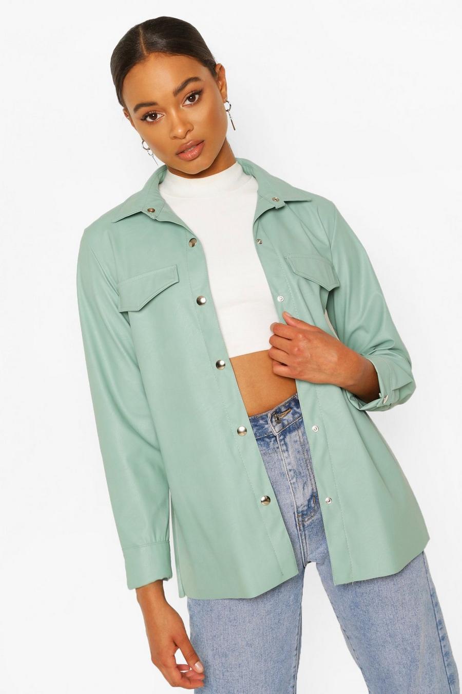 Sage vert Faux Leather Shacket
