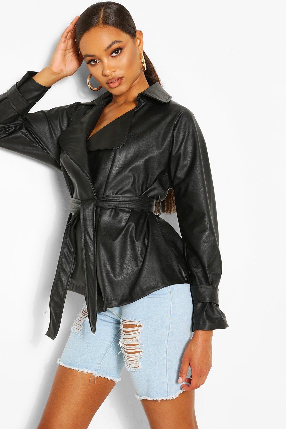 Oversized Faux Leather Wrap Belted Jacket