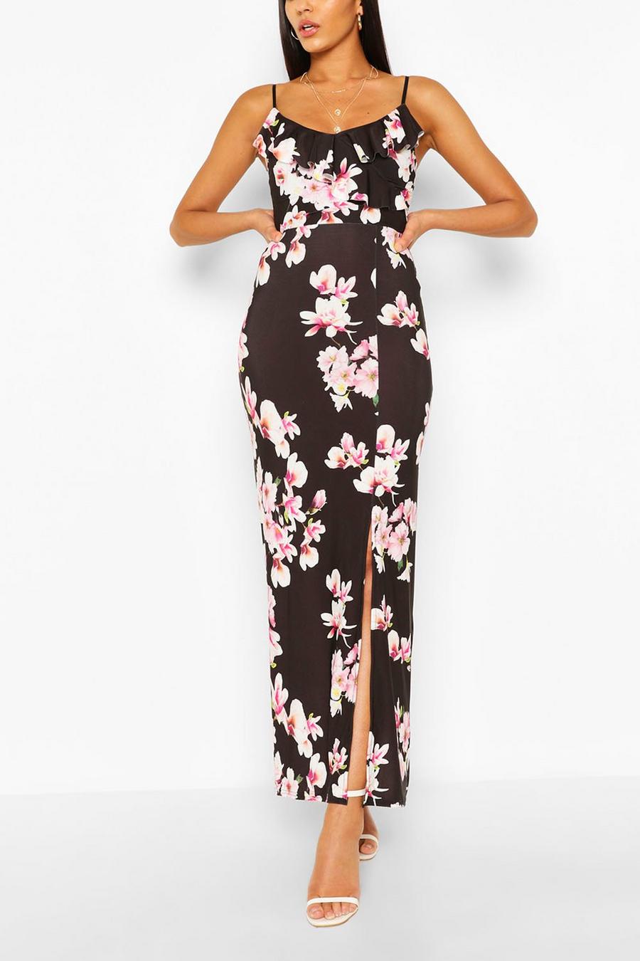 Black Floral Print Ruffle Maxi Dress image number 1