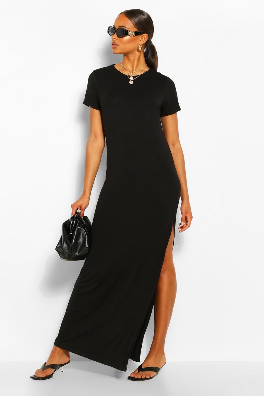 שחור שמלת מקסי עם שסע ושרוול קצר image number 1