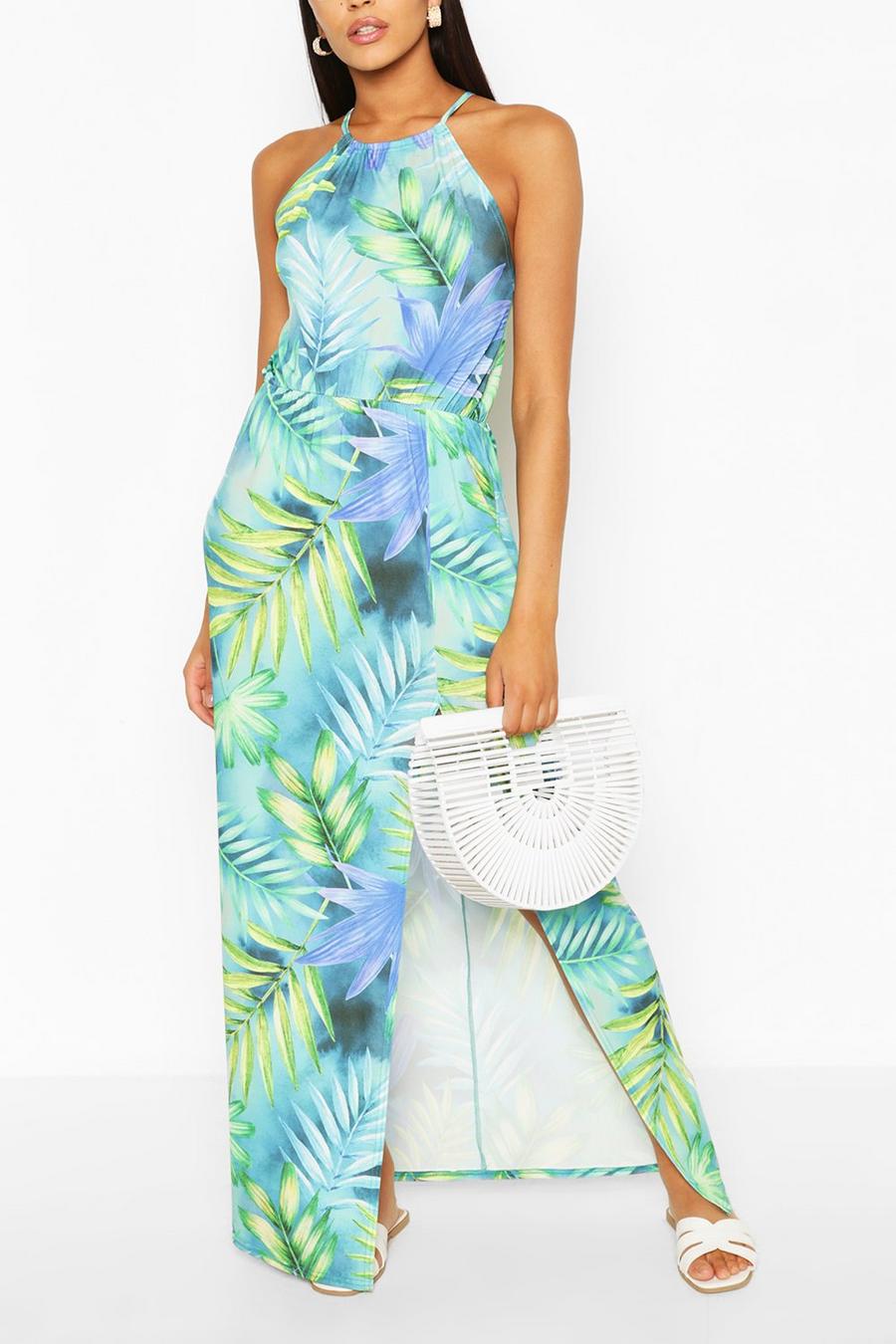 Tropical Leaf Print Halterneck Maxi Dress, Blue image number 1