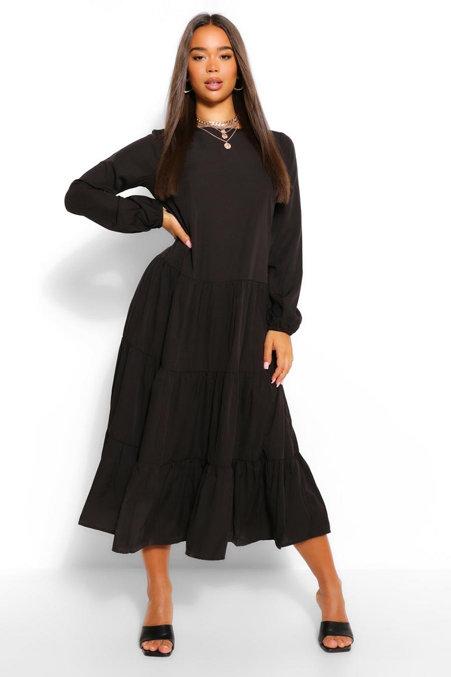 Black Woven Extreme Tiered Smock Dress image number 1