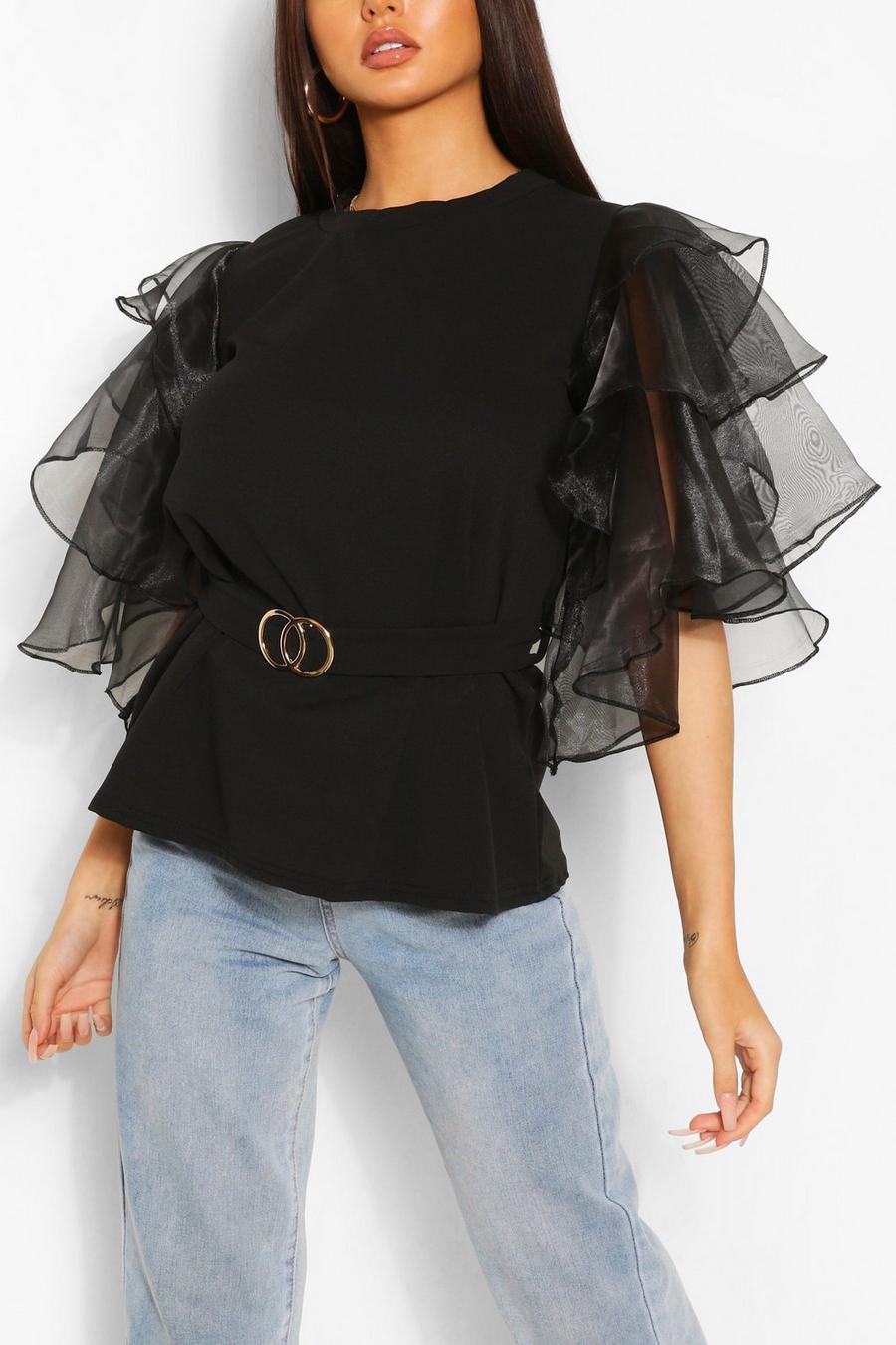 Black Organza Ruffle Belted Top image number 1