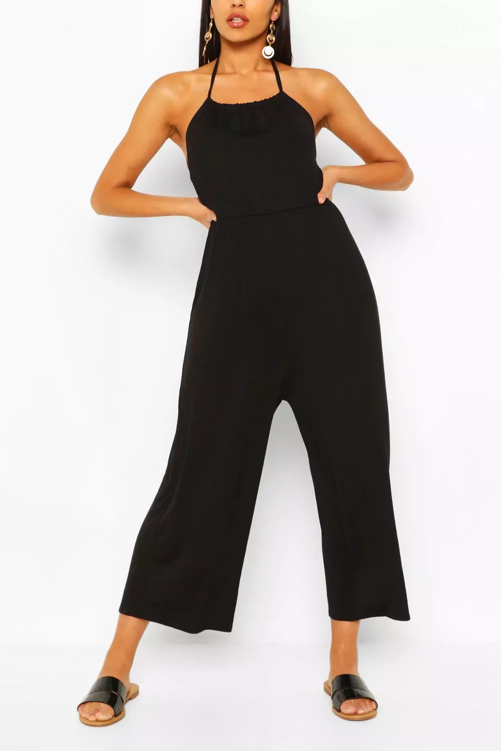 Black Strappy Jersey Culotte Jumpsuit