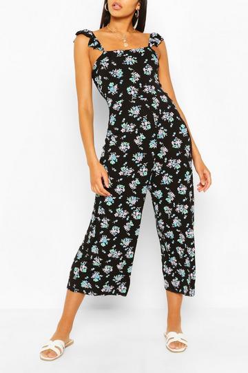 Ditsy Floral Ruffle Shoulder Jumpsuit black