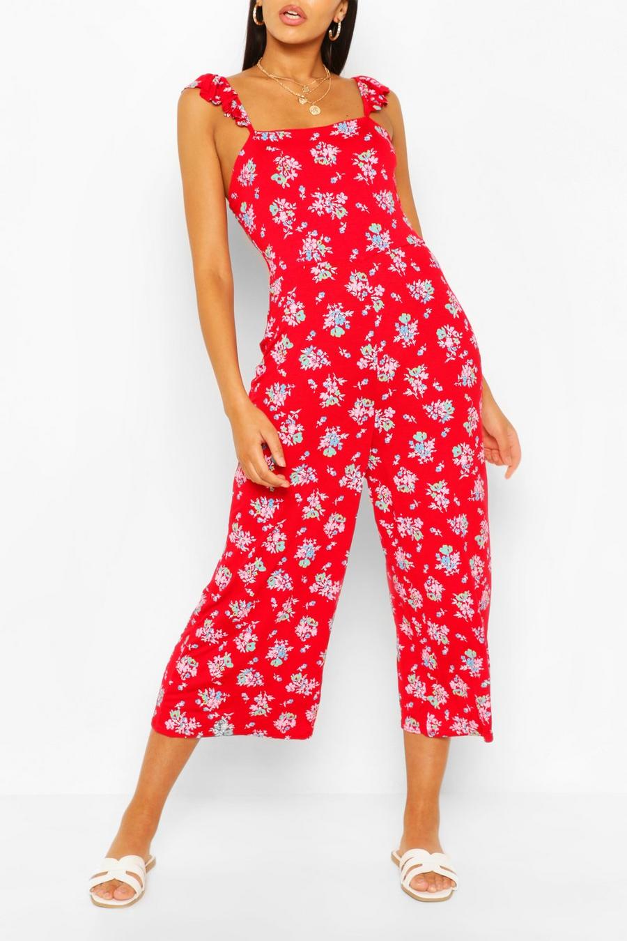Red Ditsy Floral Ruffle Shoulder Jumpsuit