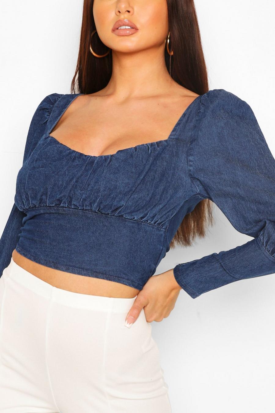 Chambray Ruched Detail Puff Sleeve Crop Top image number 1