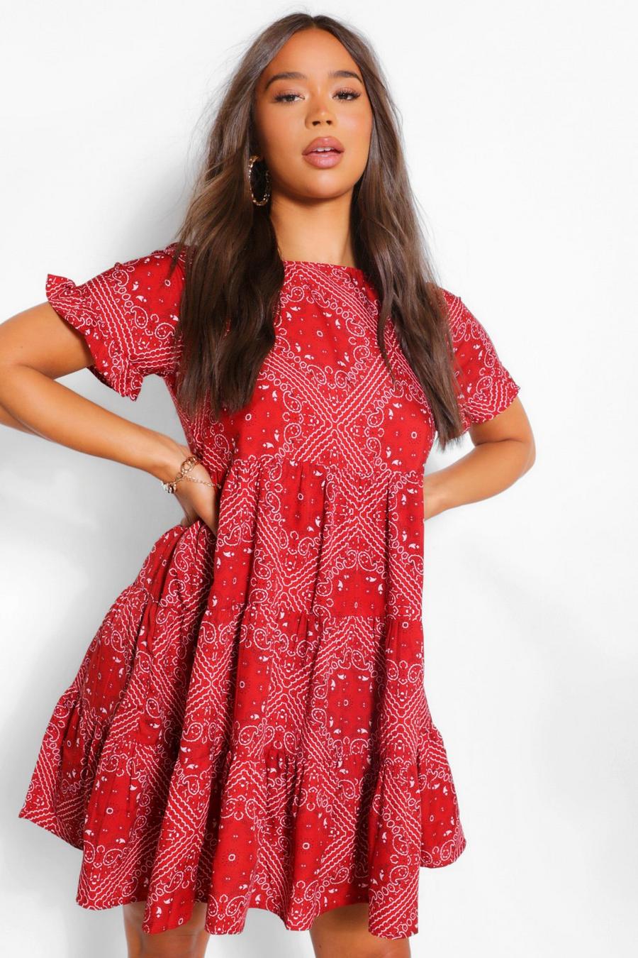 Red Bandana Print Ruffle Sleeve Smock Dress image number 1