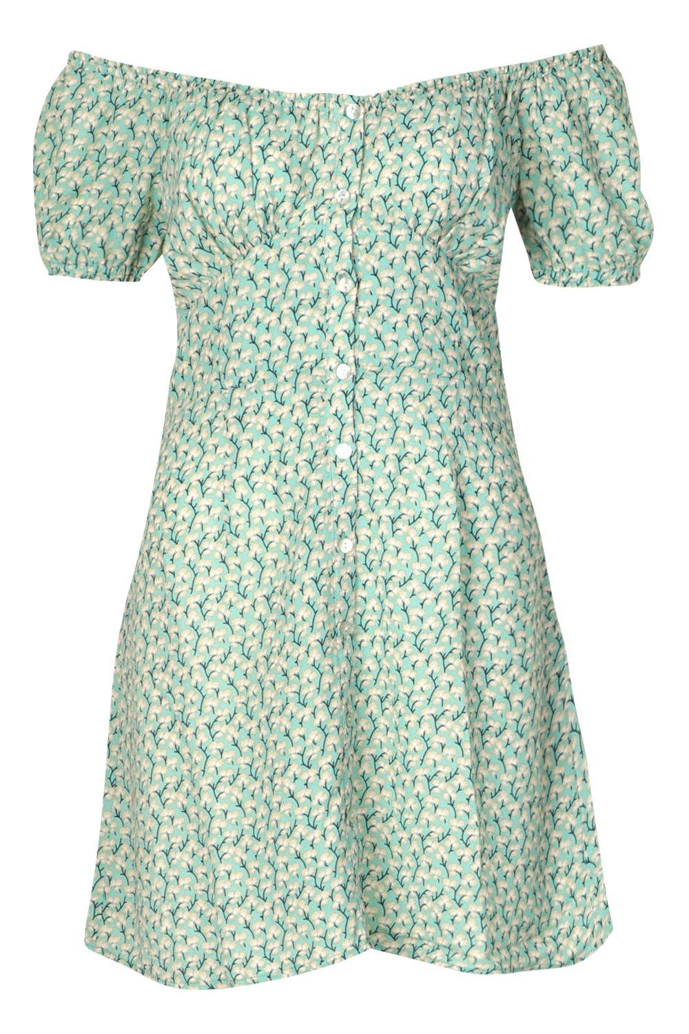 boohoo off shoulder skater dress in green ditsy floral