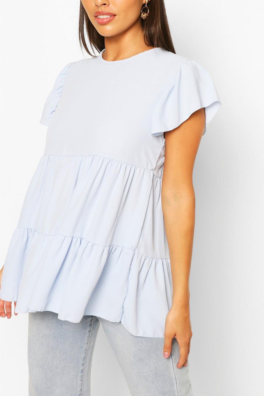 Pale blue Frill Sleeve Smock Top image number 1