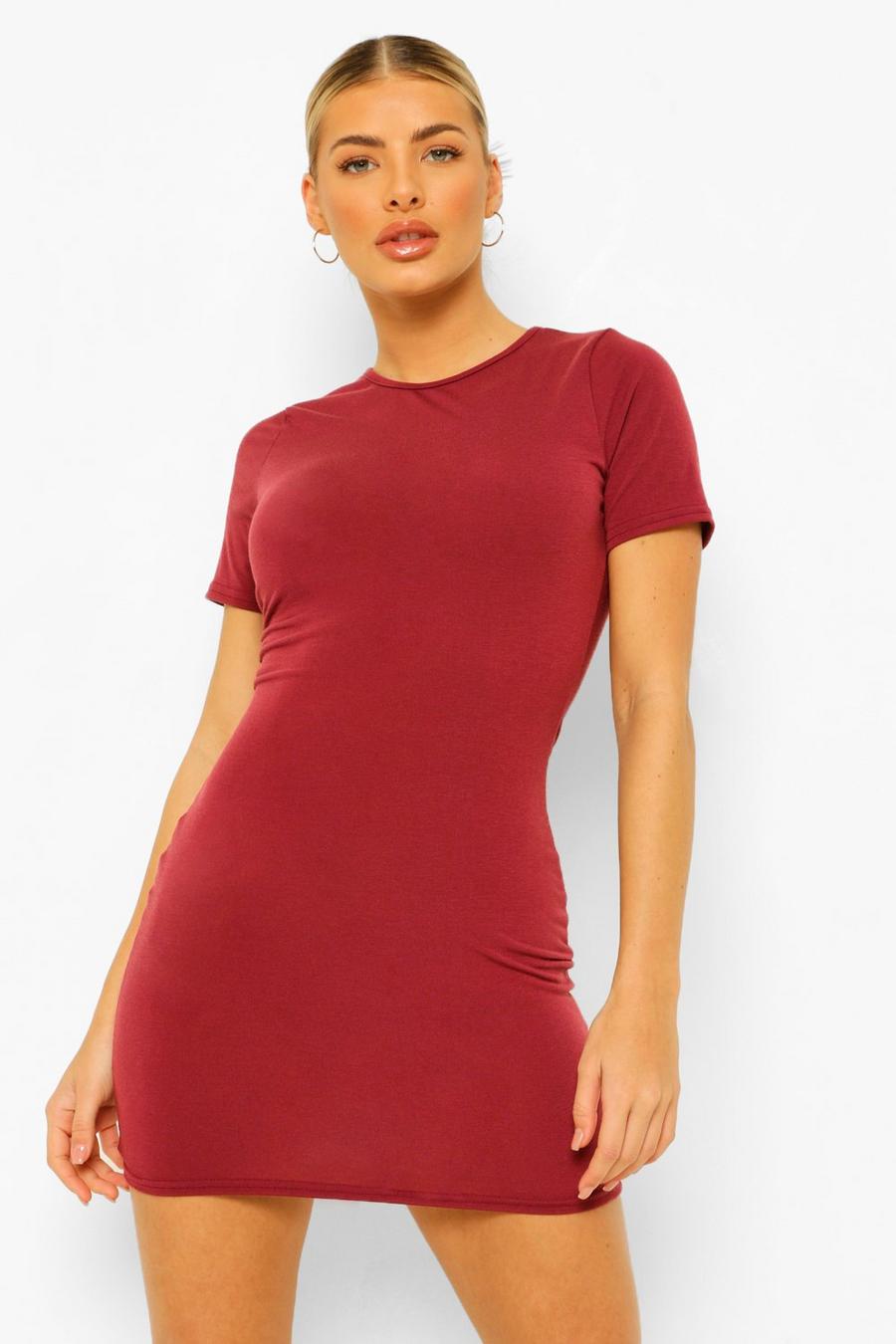 Basic Short Sleeve Mini Dress, Berry image number 1
