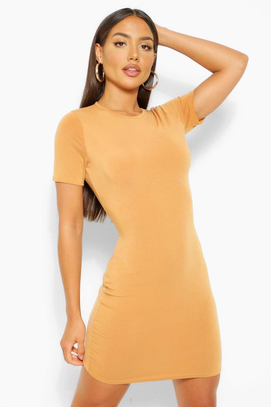 Basic Short Sleeve Mini Dress, Caramel image number 1