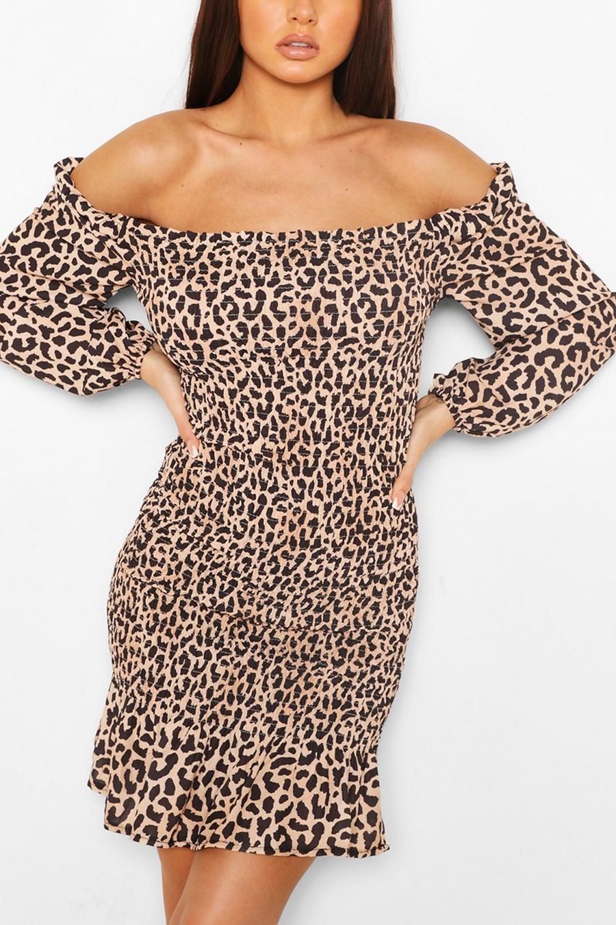 Brown Leopard Print Shirred Frill Hem Mini Dress image number 1