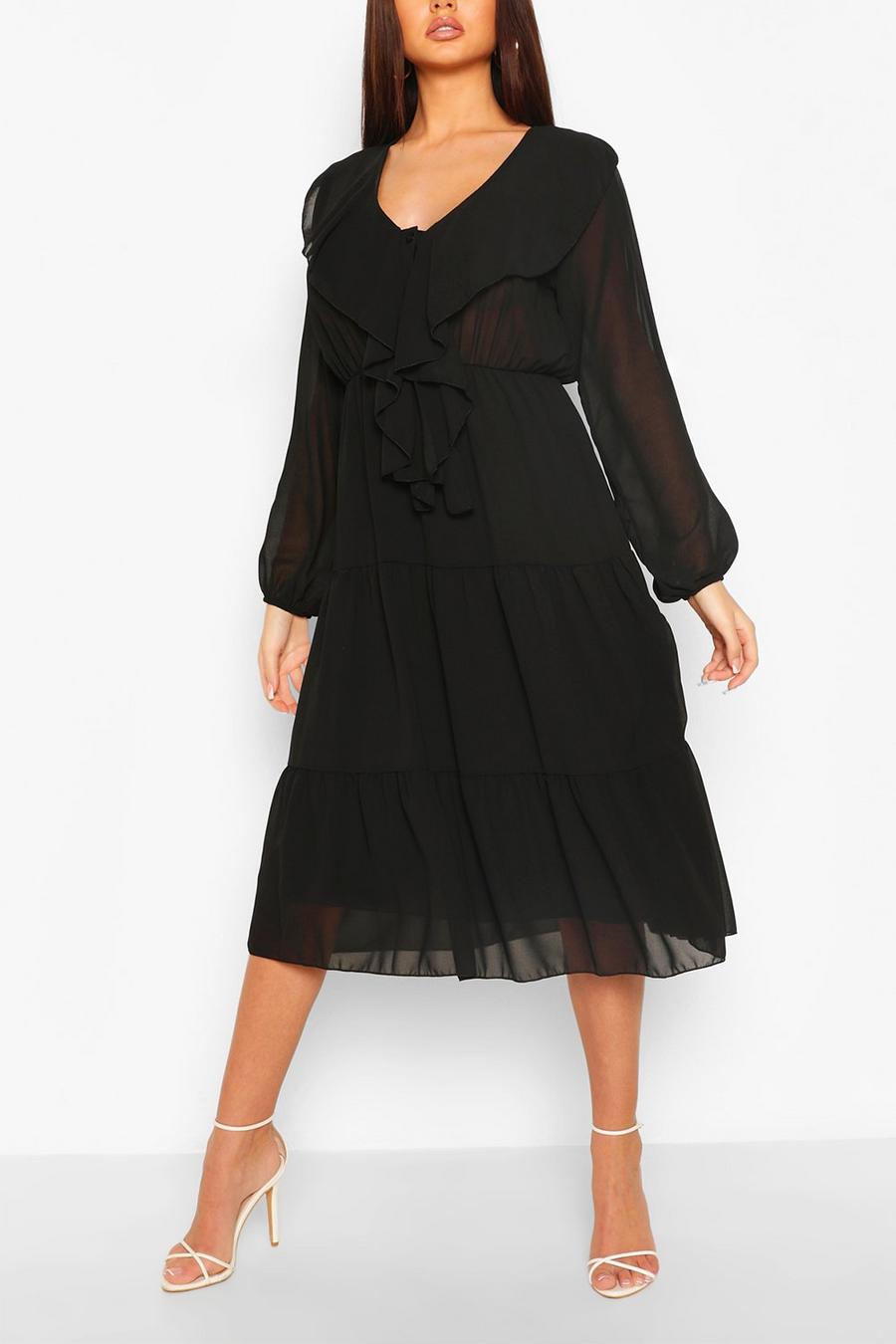 Black Chiffon Ruffle Front Midi Dress image number 1