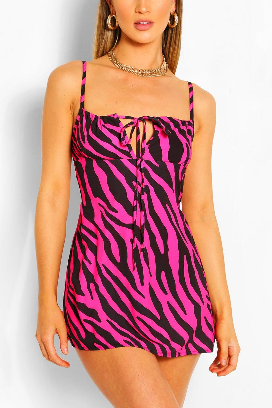 Pink Neon Zebra Strappy Tie Swing Dress image number 1