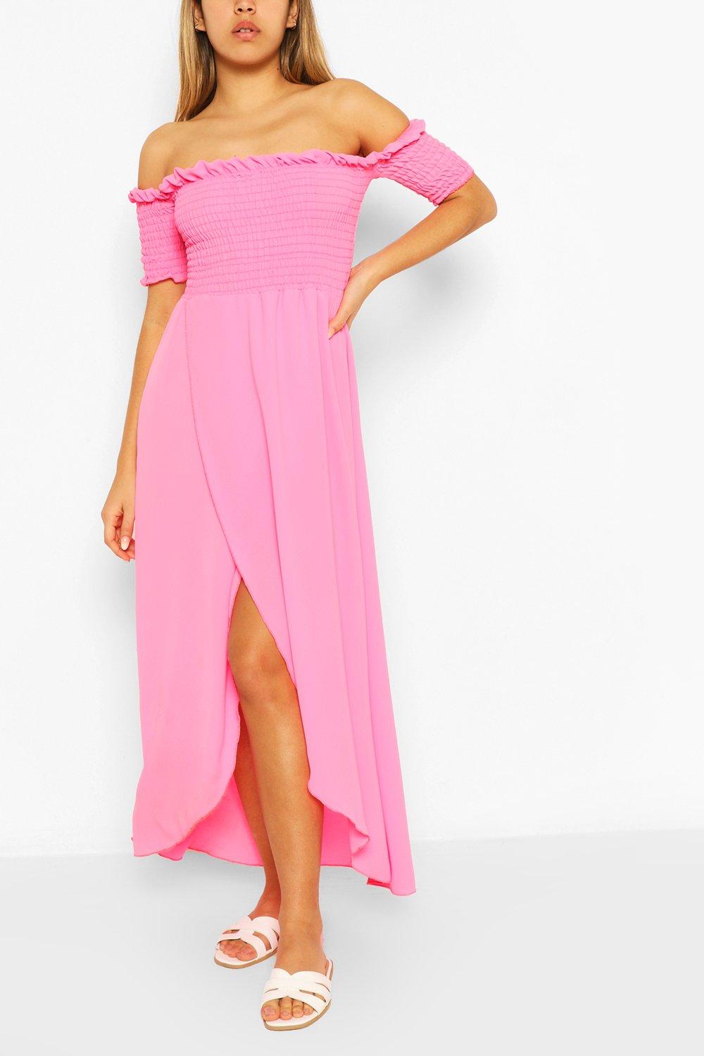 neon pink off the shoulder dress