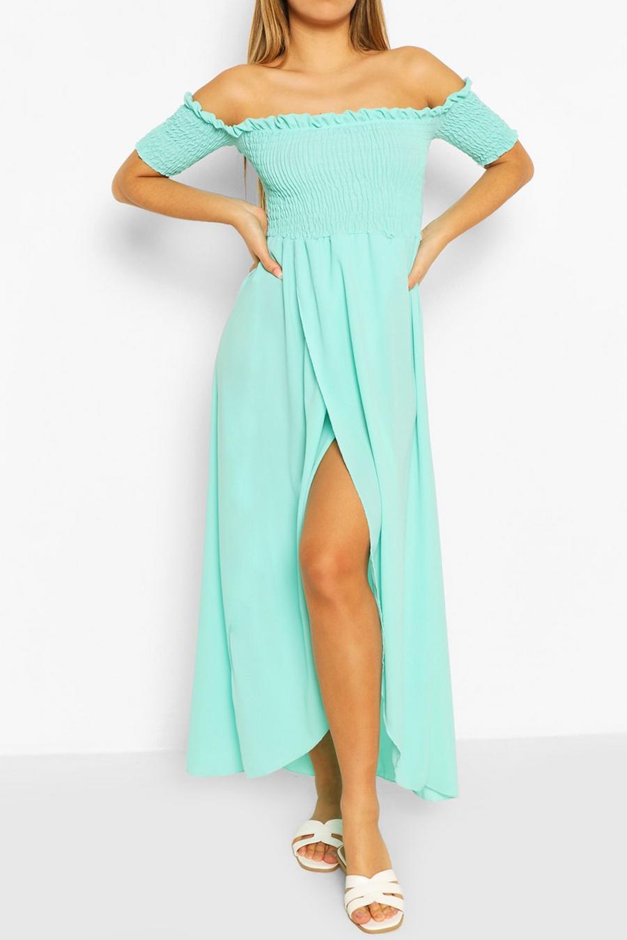 Turquoise Shirred Off The Shoulder Maxi Dress image number 1