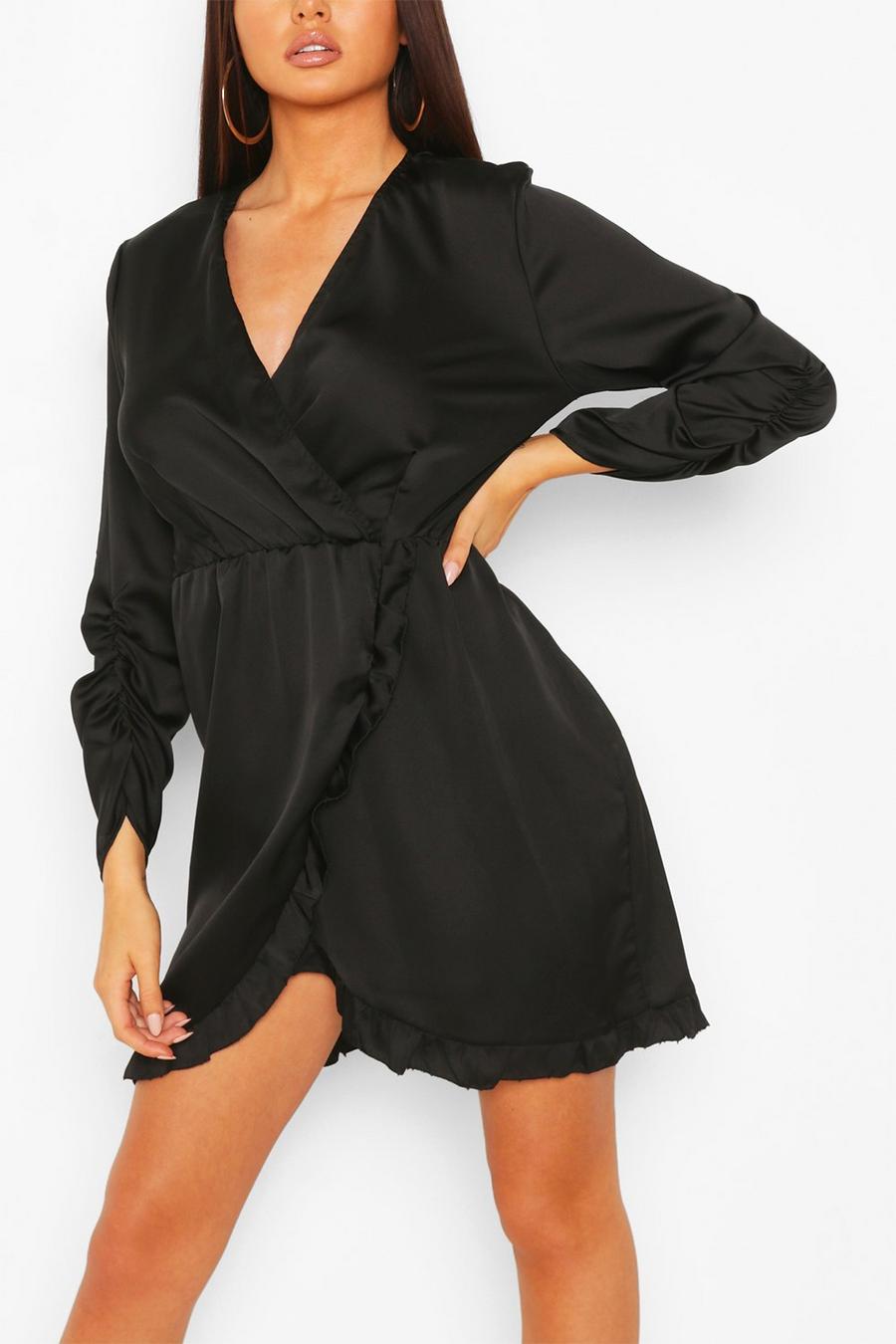 Black Satin Ruched Sleeve Ruffle Tea Dress image number 1