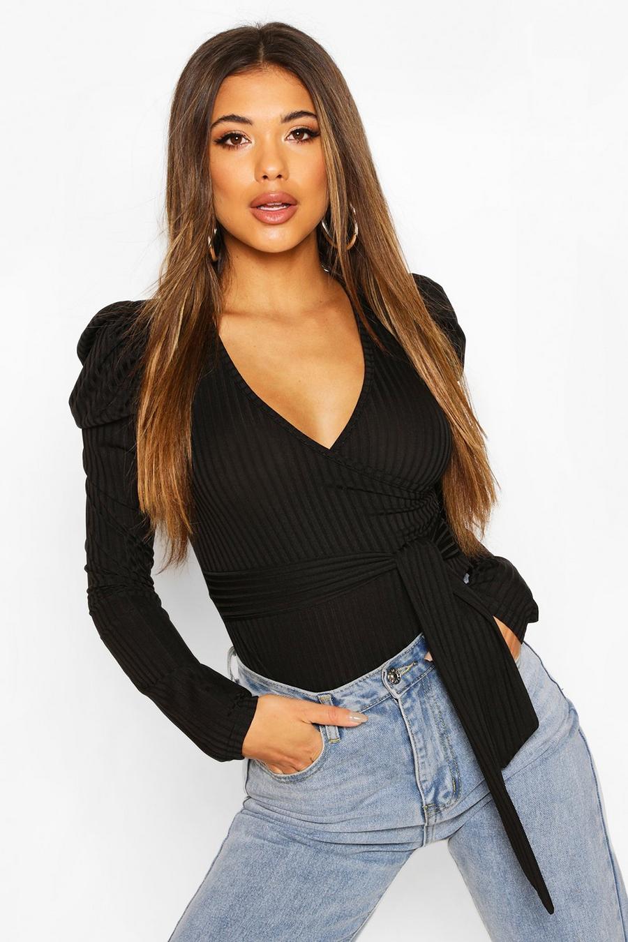 Black Jumbo Rib Puff Sleeve Wrap Bodysuit image number 1