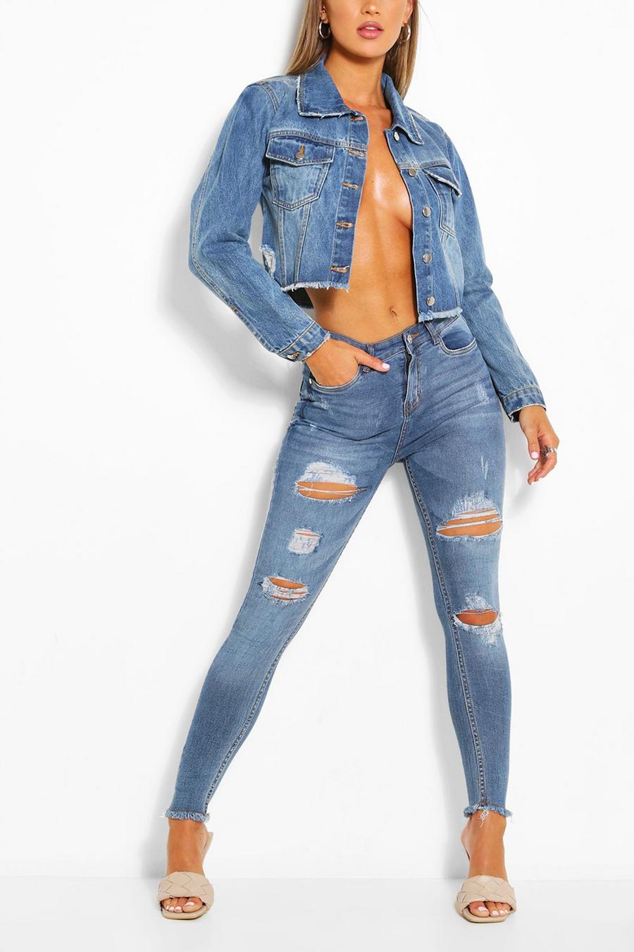 Jeans skinny elasticizzati a vita alta con fondo effetto consumato, Blu medio image number 1