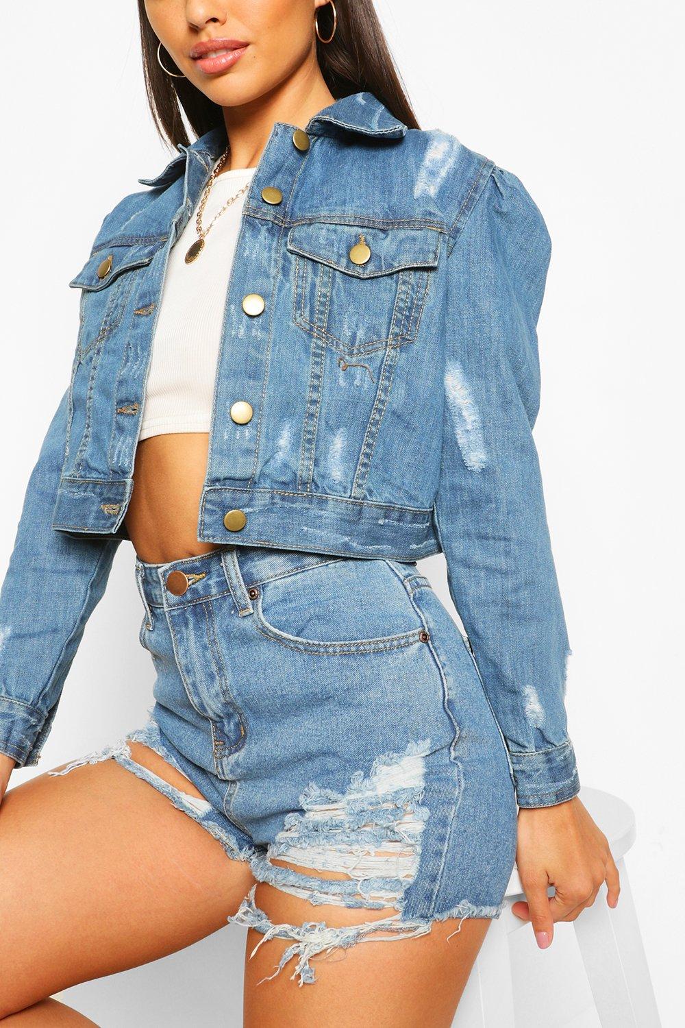 Jean jacket with puffy shoulders best sale