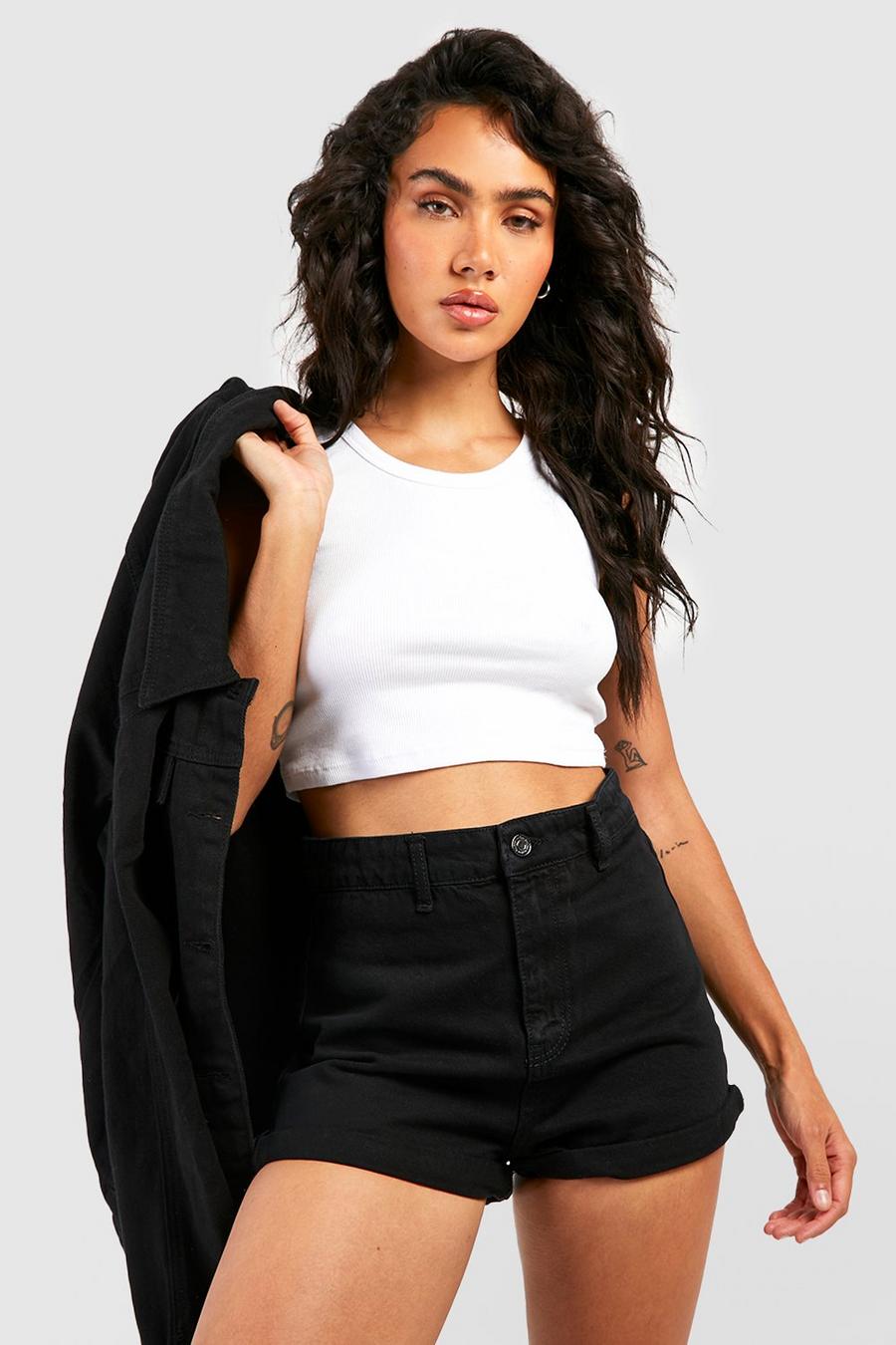 Black High Waist Roll Up Disco Jean Shorts image number 1