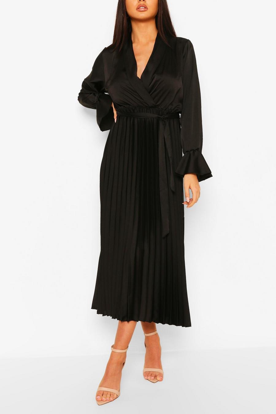 Black Satin Pleated Midi Dress image number 1