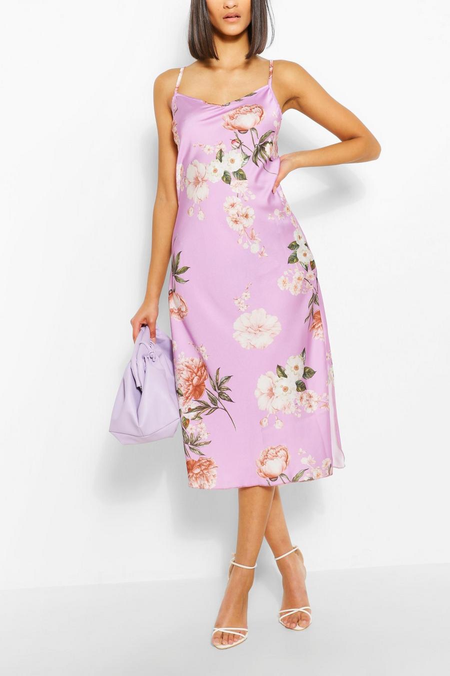 Lilac Floral Satin Midi Dress image number 1