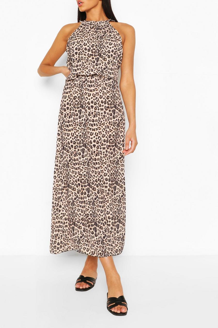Brown Leopard Print High Neck Maxi Dress