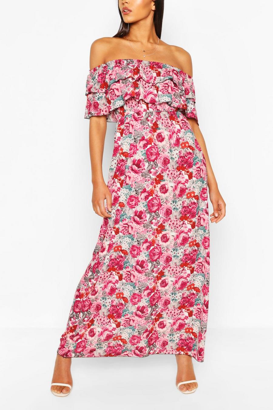 שמלת מקסי דו-שכבתית עם כתפיים חשופות עם הדפס ורדים image number 1