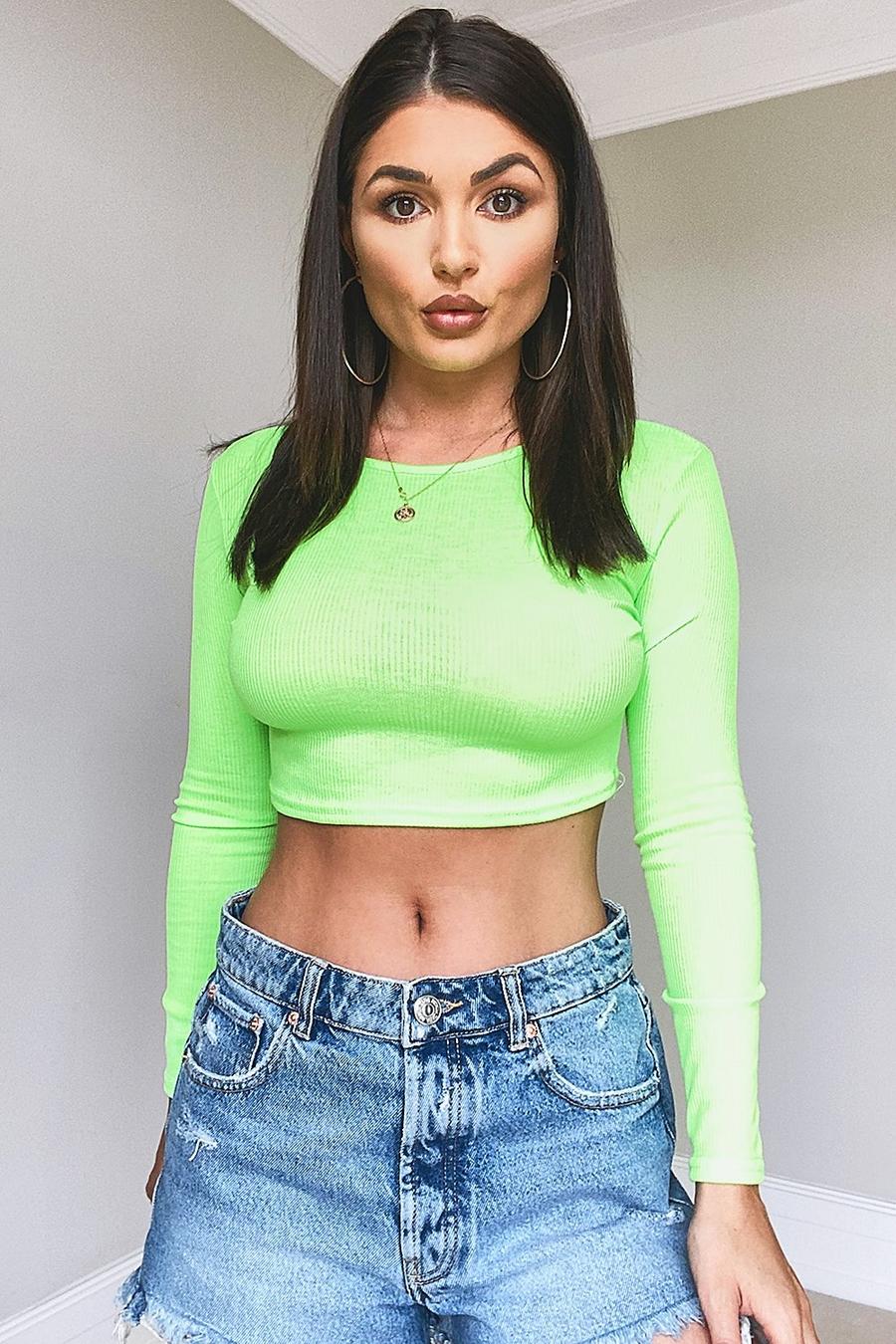 Neon-lime Ribbed Long Sleeve Crop Top image number 1