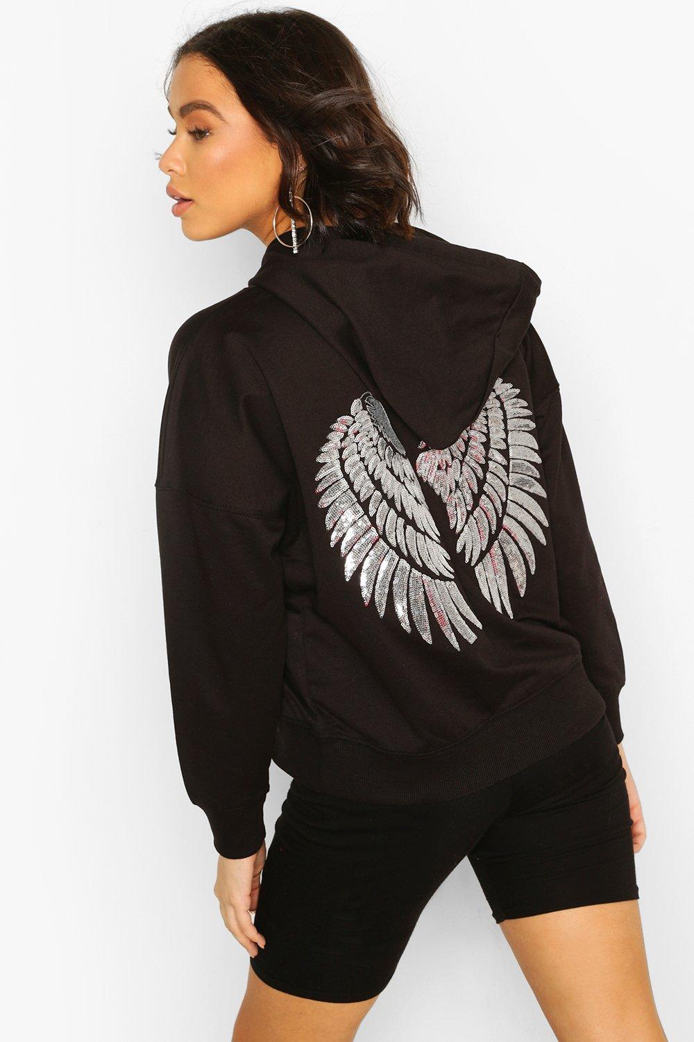 Angel - Ladies hoodie printed slogan trending hooded top cute black grey  hoody