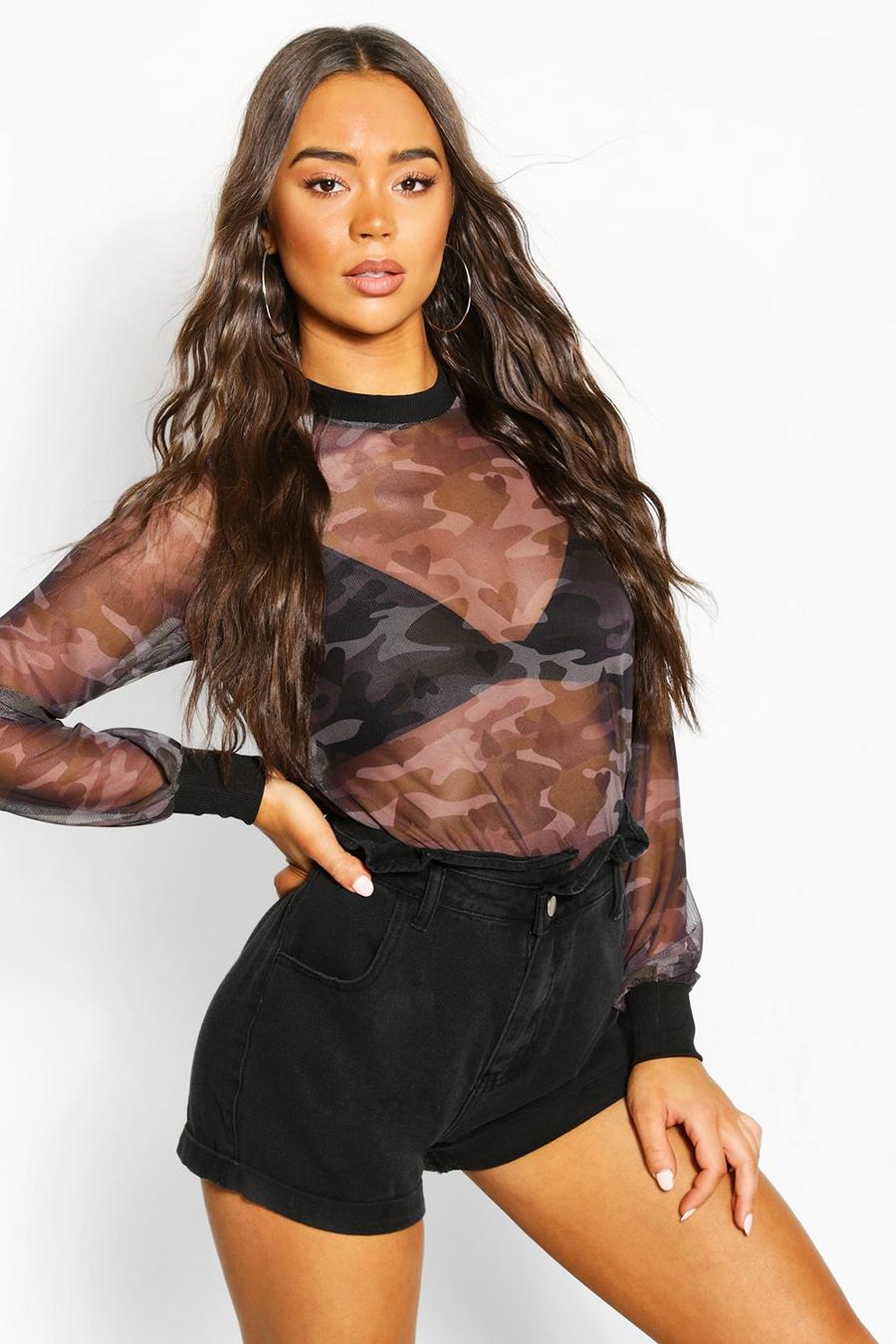 Charcoal Long Sleeve Camo Heart Mesh Top image number 1