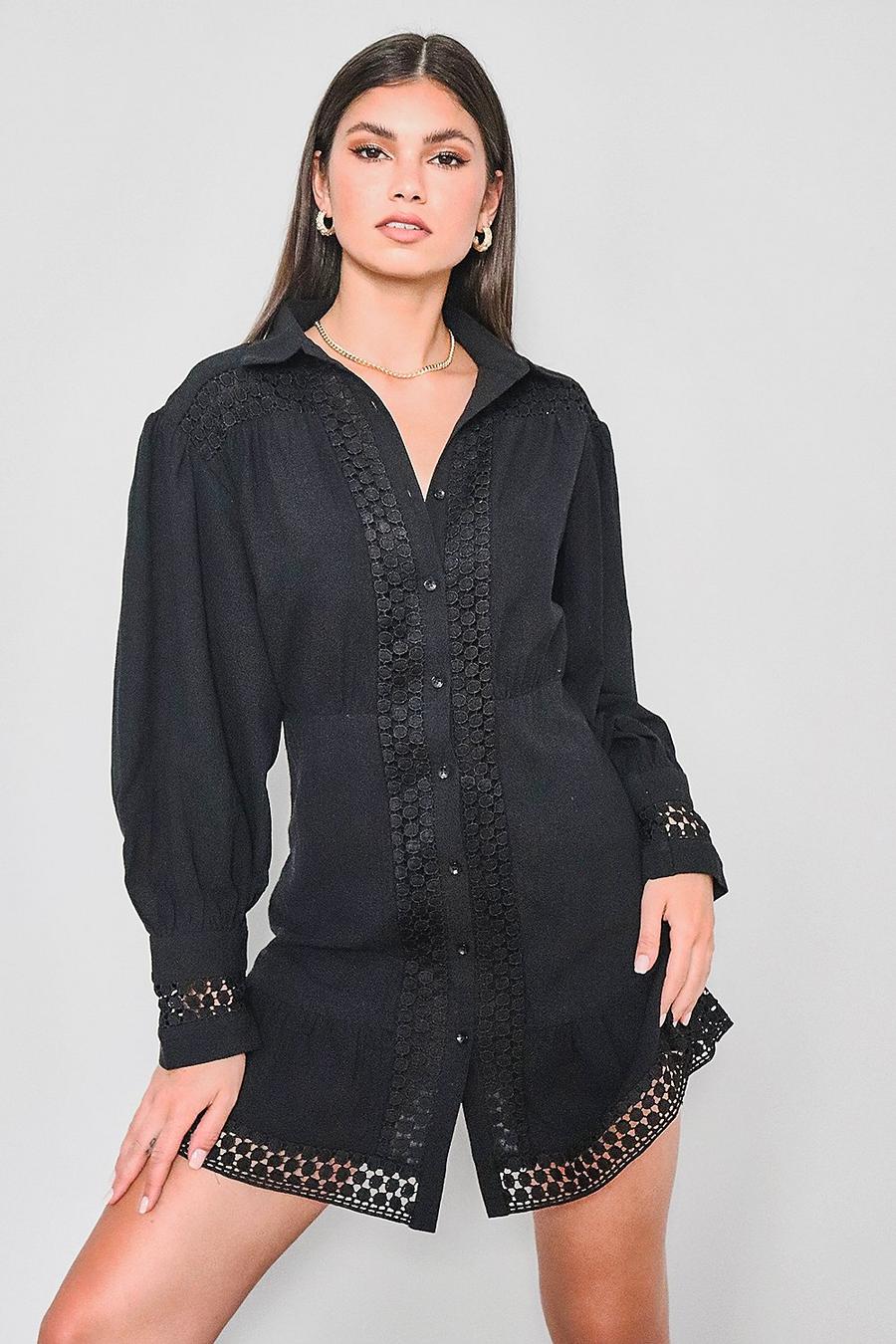 Black Lace Trim Button Down Shirt Dress image number 1