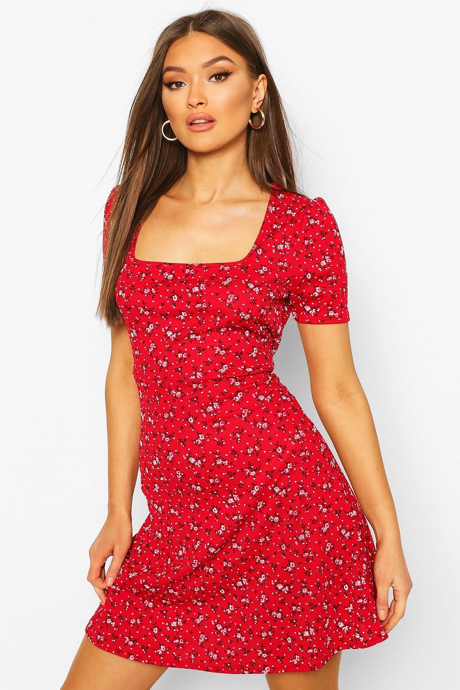 אדום שמלת סקייטר פרחונית באריגת ריב עם מחשוף מרובע image number 1