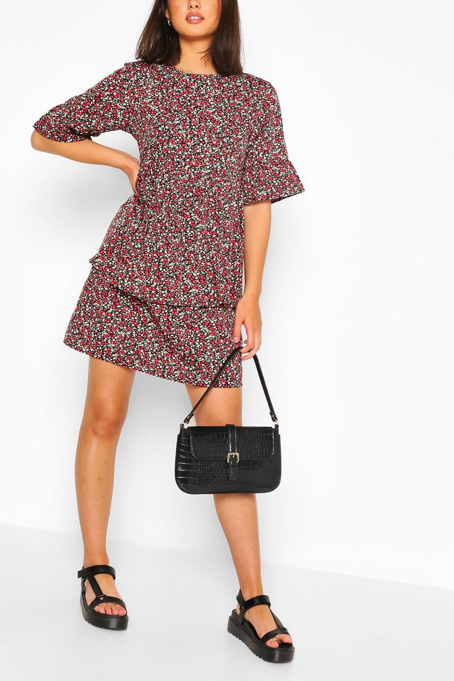 Black Woven Floral Ruffle Sleeve Smock Dress image number 1