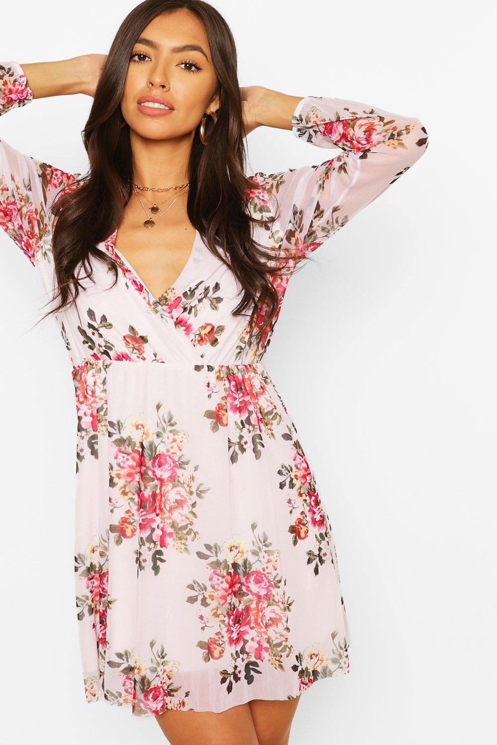 floral mesh sleeve dress