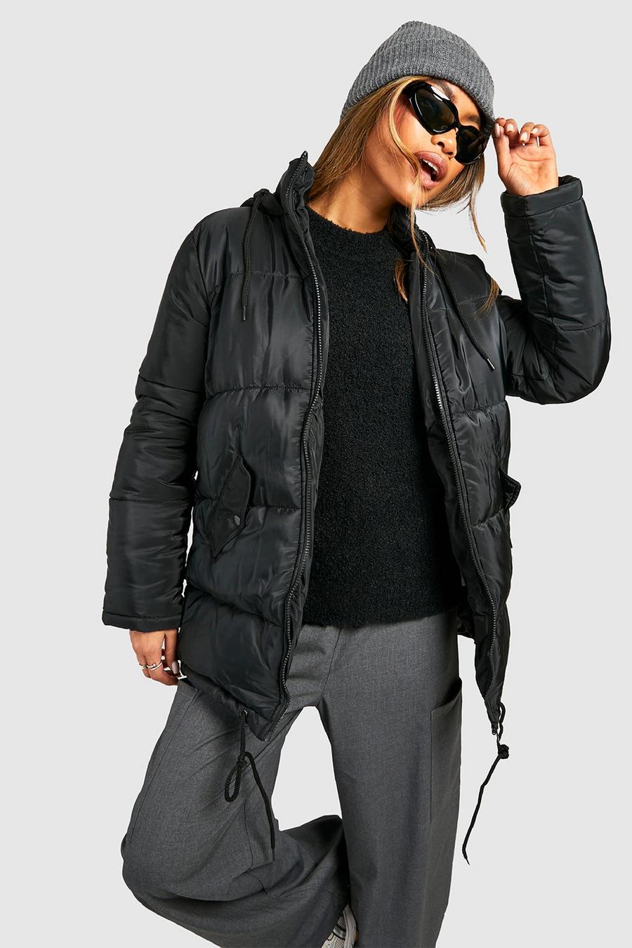 Black Hooded Longline Puffer Jacket image number 1
