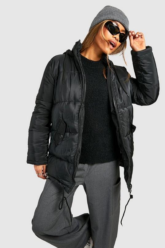 Women's Black Hooded Longline Puffer Jacket | Boohoo UK