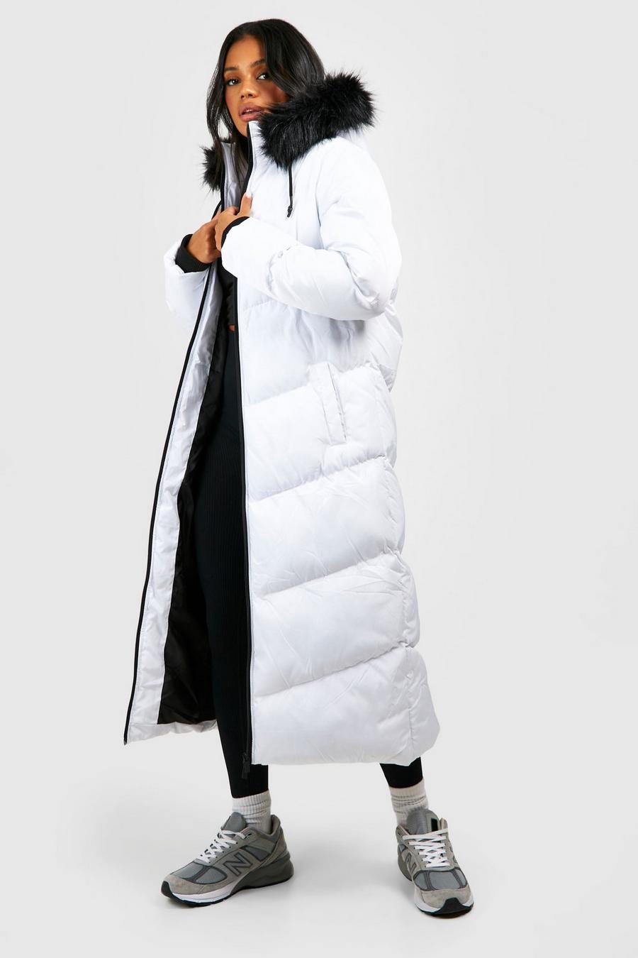Longline Puffer Jacke mit Kunstpelzbesatz, Weiß blanc