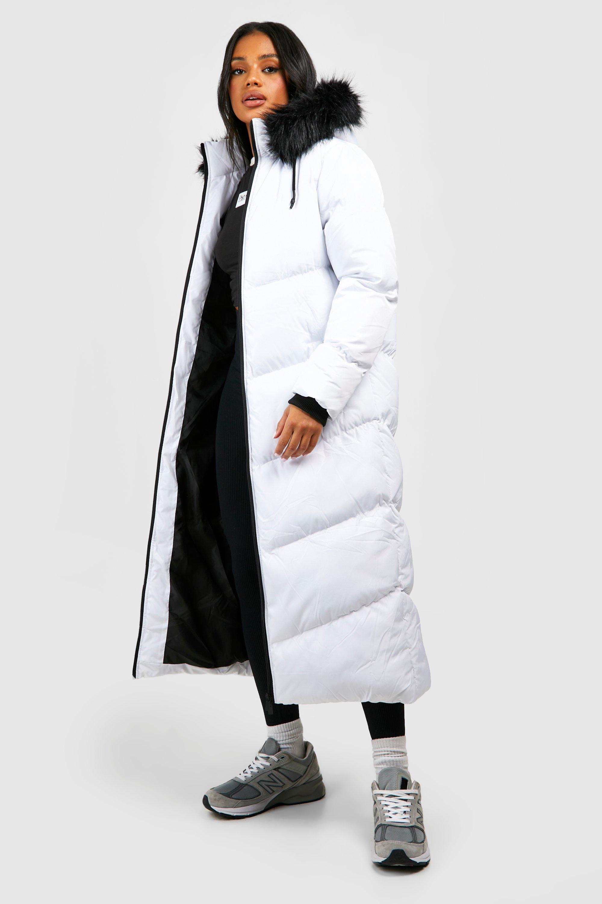 Boohoo padded coat with fur trim and on sale waist detail in black